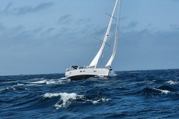 Yacht in big seas on Ancasta Yacht Club Rally to Cherbourg 2023