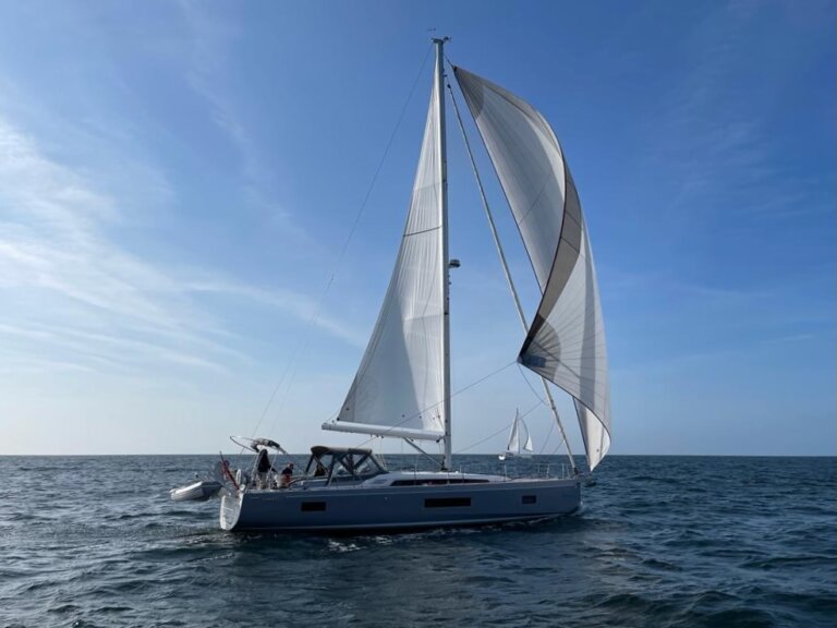 Yacht sailing downwind on Ancasta Yacht Club Rally to Cherbourg 2023